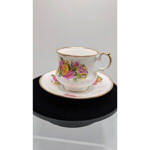ROYAL DOVER Bone China Footed Teacup Saucer Gold Trim Cottage Rose Elegant